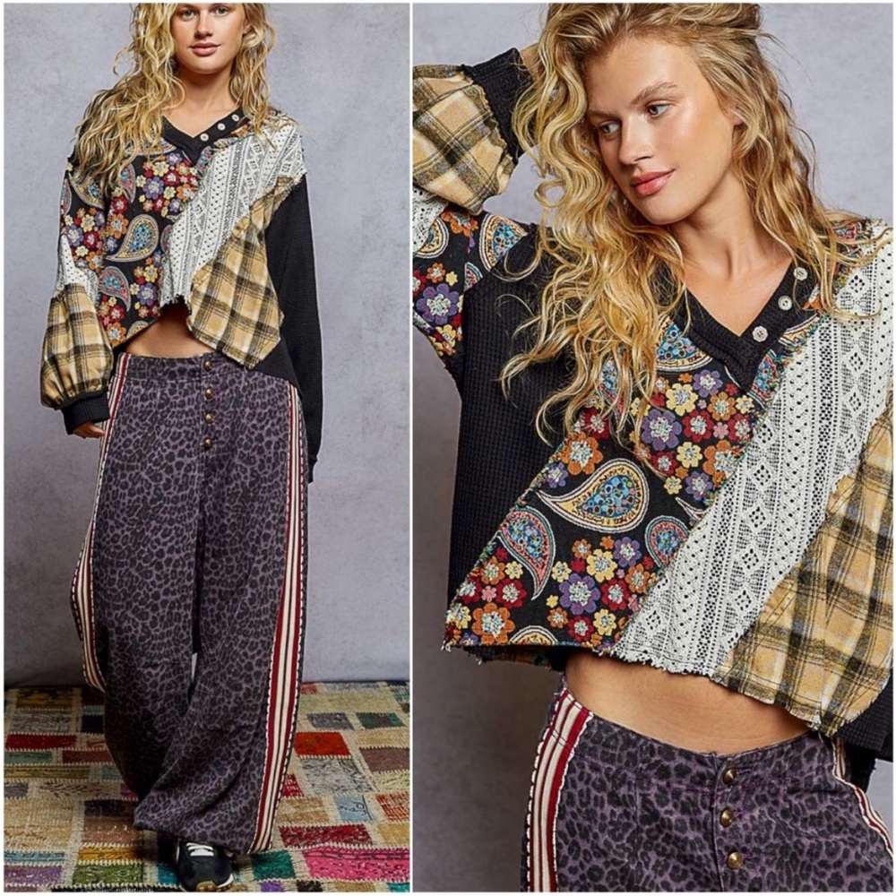 💞POL Multicolor Patchwork Long Sleeve Top NWOT